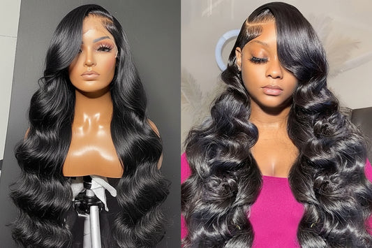 Side-by-side images of long, wavy black hair styled on mannequin head and woman wearing pink top