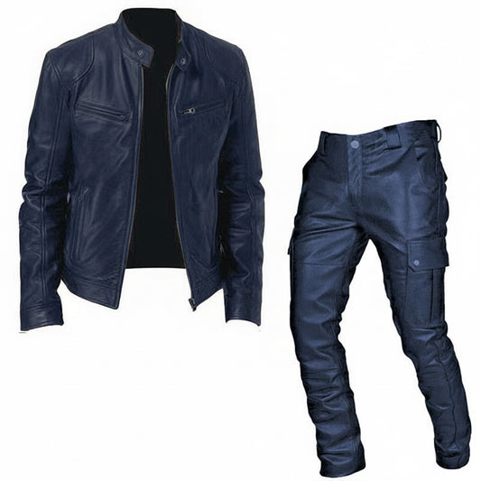 Black leather motorcycle jacket with zip pockets paired with black cargo riding pants