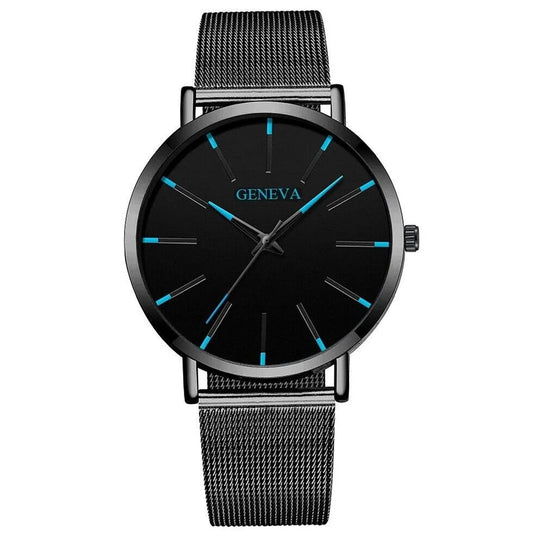 Geneva men's classic quartz watch with black dial, blue luminous markers, and stainless steel mesh band