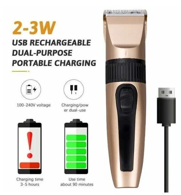 USB rechargeable cordless men's hair clipper trimmer with black grip and charging cable