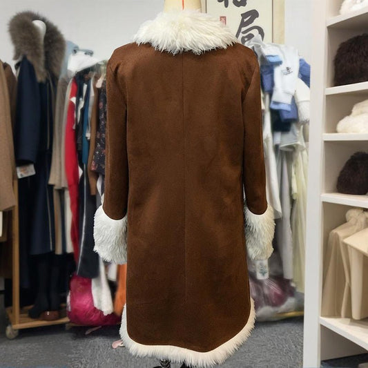 Vintage Women's Long Plush Coat With Fur Collar, Winter Warm Thick Trench Jacket For Formal & Casual - JonaStore