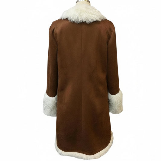 Vintage women's long brown plush coat with white fur collar, cuffs, and hem on mannequin
