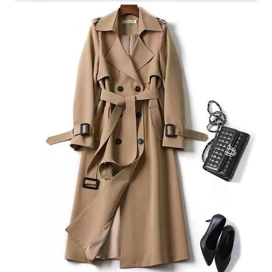 Women's Classic Trench Coat, Solid Color Long Sleeve Belted Mid - Length Jacket With Button Detail For Spring And Fall - JonaStore