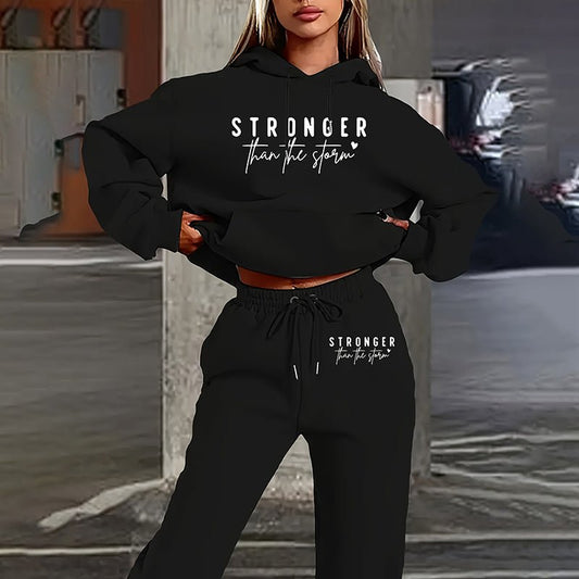 Women's Solid 2 - Piece Set Letter Print Hoodie With Pocket & Drawstring Jogger Pants Casual Tracksuit - JonaStore