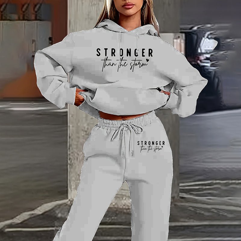 Women's Solid 2 - Piece Set Letter Print Hoodie With Pocket & Drawstring Jogger Pants Casual Tracksuit - JonaStore
