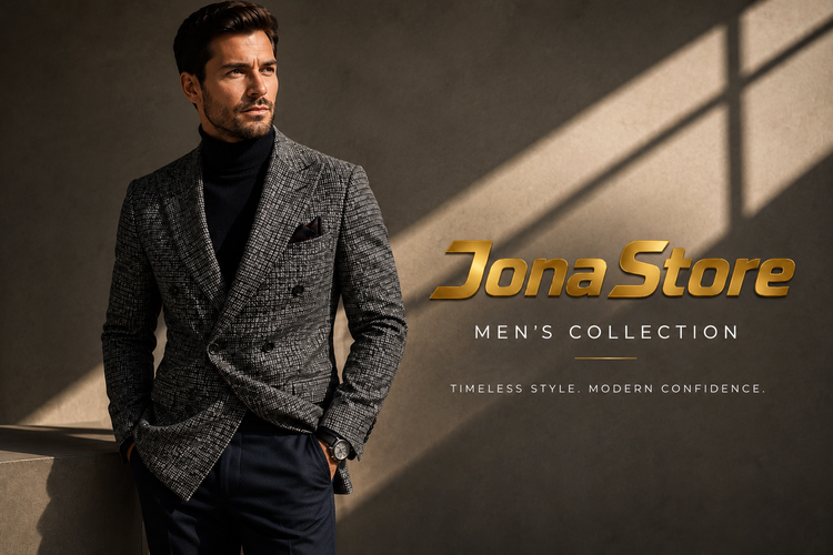 Luxury men’s fashion banner featuring a confident male model in a textured gray double-breasted blazer and black turtleneck standing in dramatic sunlight beside the gold JonaStore logo with “Men’s Collection” text on a premium modern studio background.