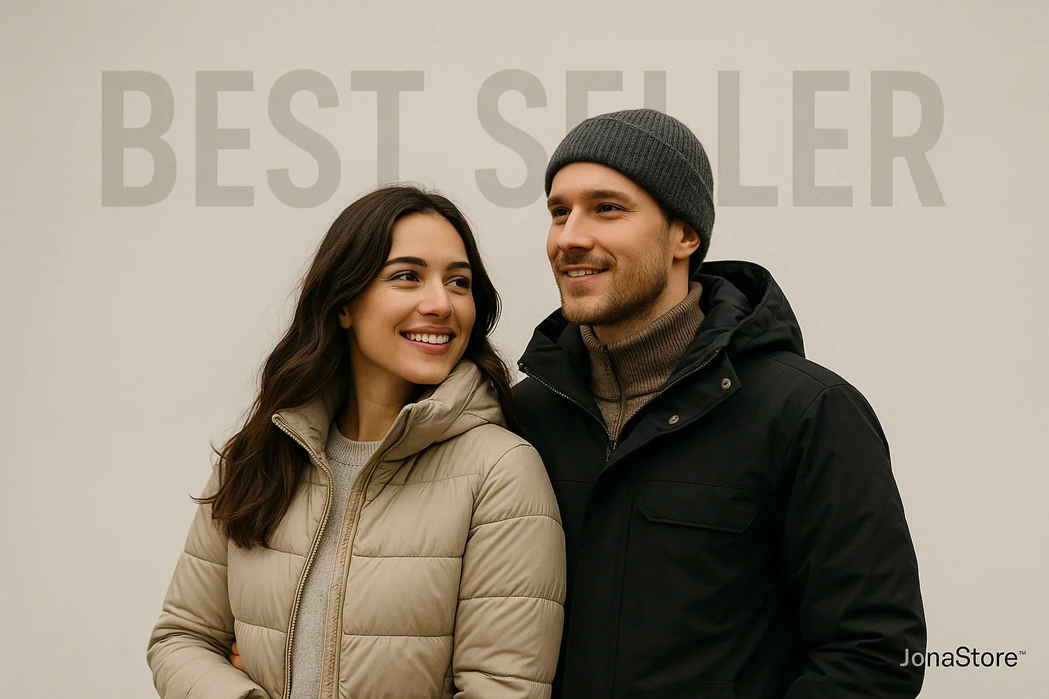 Smiling man in black jacket and beanie and woman in beige puffer jacket, winter fashion best seller