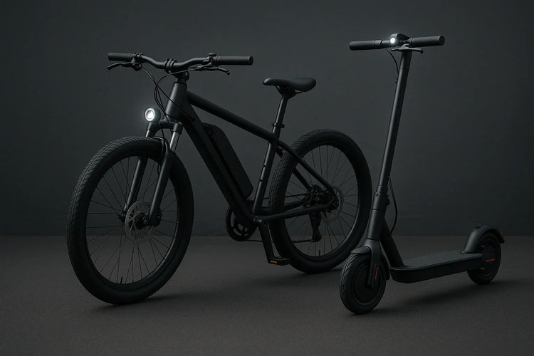 Black electric mountain bike and black electric scooter with headlights on dark background