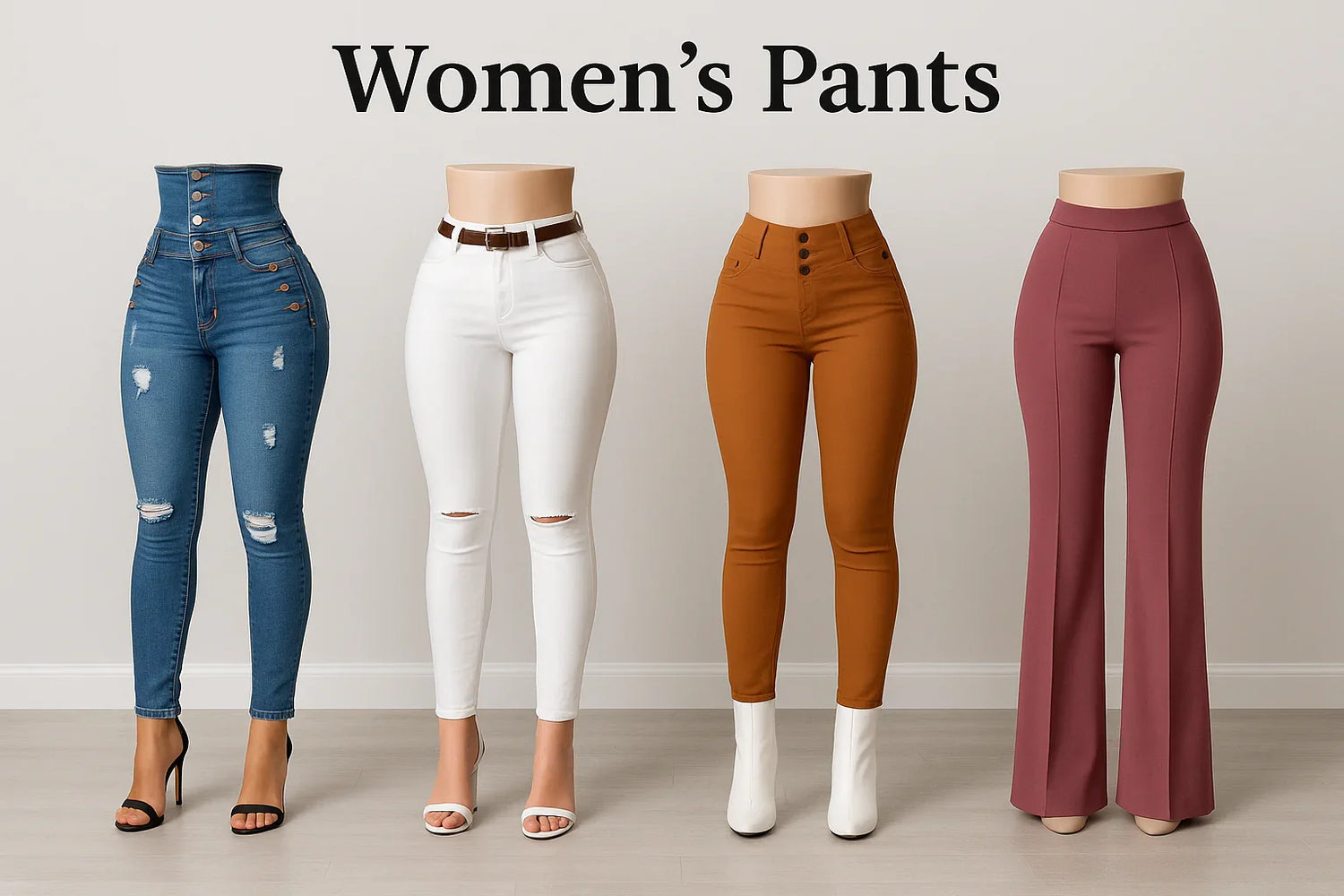 Four women's pants styles on mannequins: ripped high-waist skinny jeans, white distressed jeans with belt, brown button-front pants, and mauve flare trousers