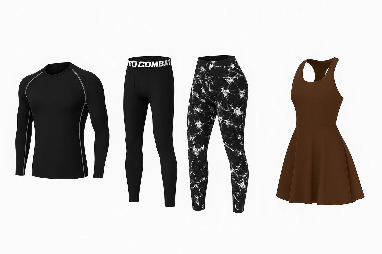 Black long-sleeve compression shirt, black Pro Combat leggings, black and white marbled leggings, and brown sleeveless athletic dress