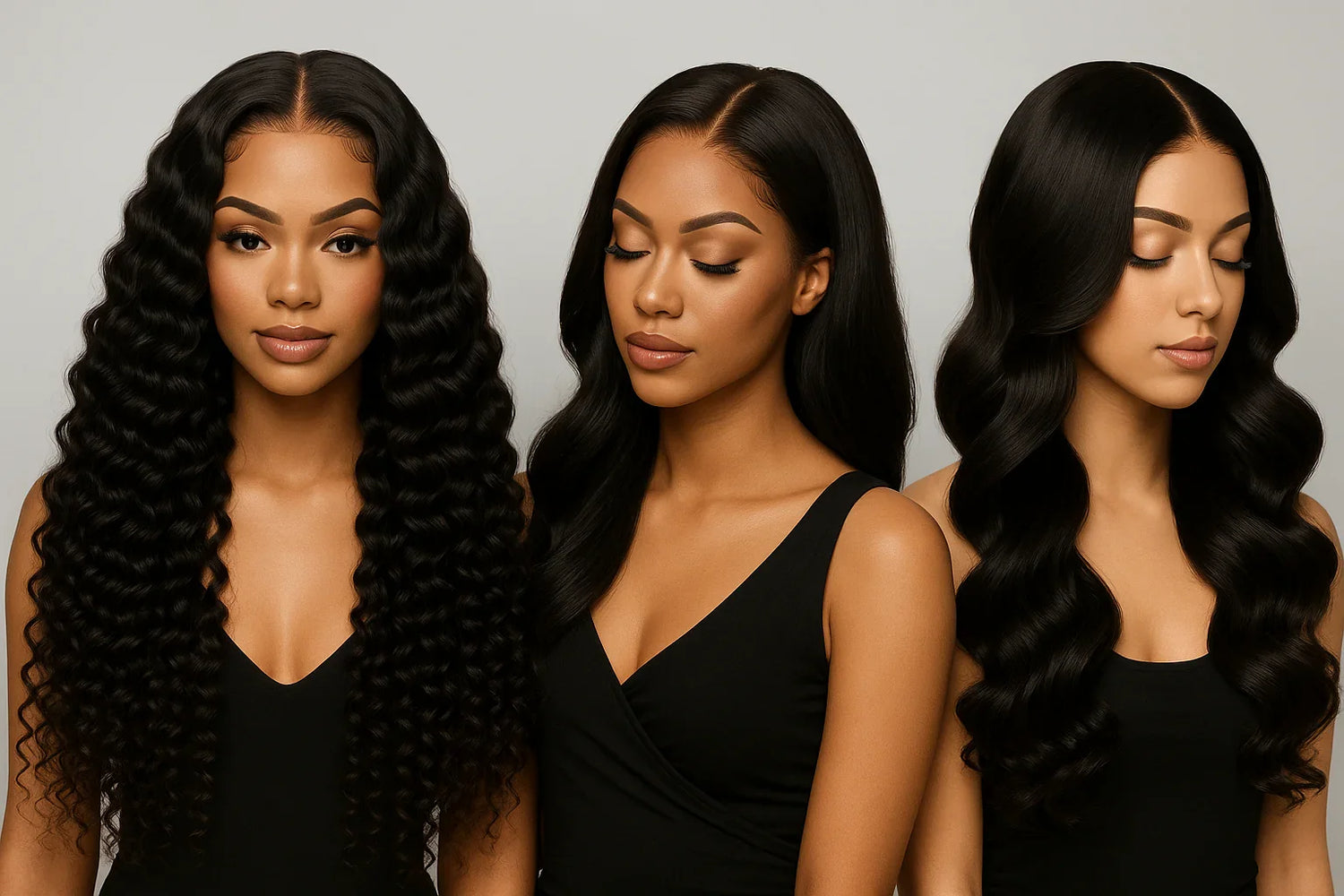 Three women with long black hair in different styles wearing black sleeveless tops against gray background