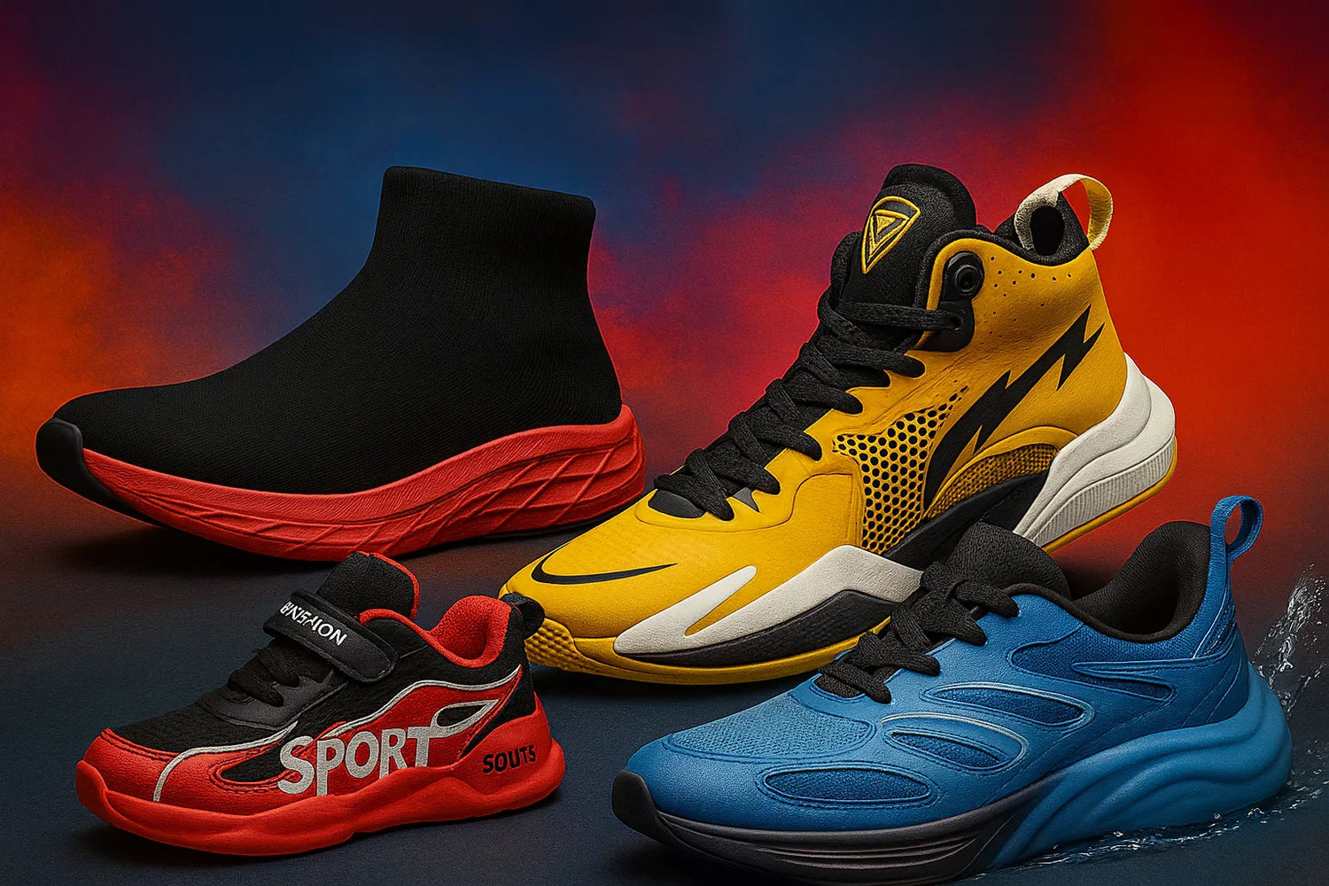 Four colorful athletic shoes including black sock sneaker, yellow high-top, blue running shoe, and red kids sport shoe