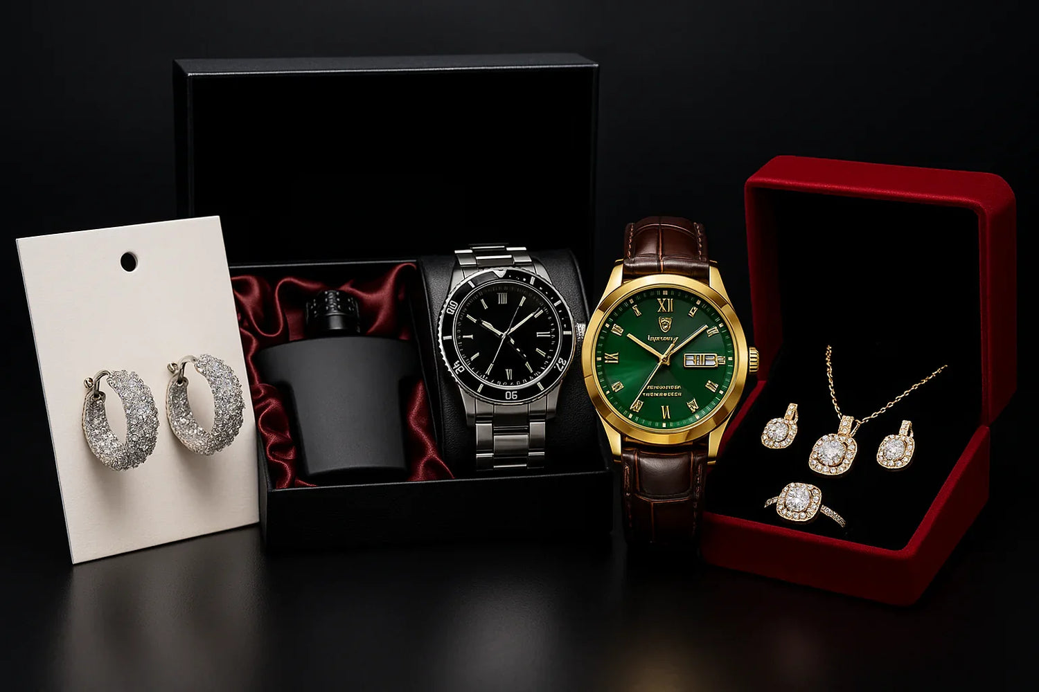 Luxury watches, diamond jewelry set, silver hoop earrings, and black perfume bottle on black background