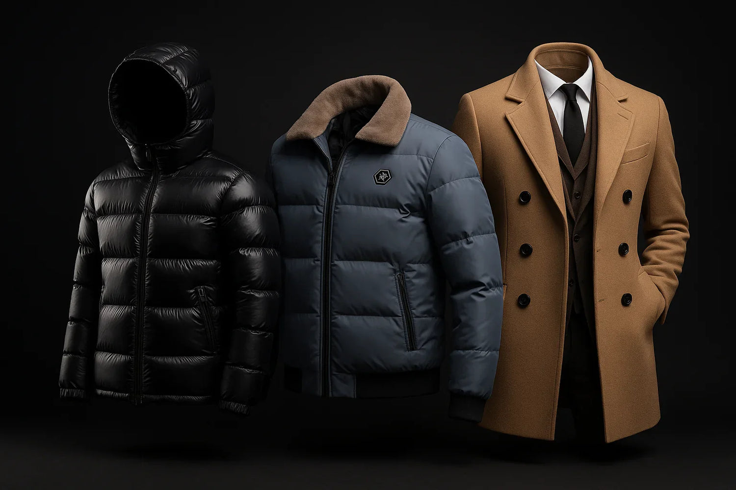 Black puffer hooded jacket, blue bomber jacket with brown collar, and camel double-breasted coat with suit and tie on black background