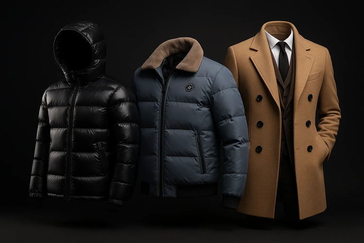 Black puffer hooded jacket, blue bomber jacket with brown collar, and camel double-breasted coat with suit and tie on black background