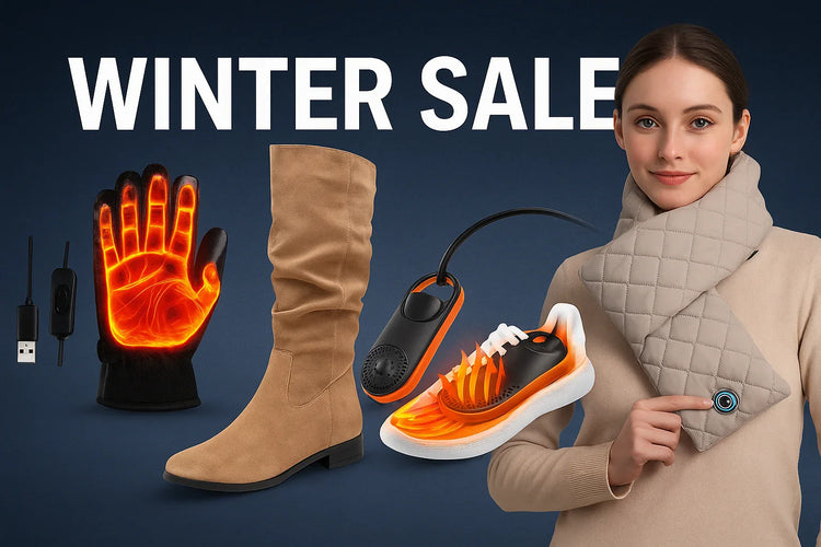 Winter sale ad featuring heated gloves, tan knee-high boots, heated insoles, and a woman wearing a heated quilted scarf