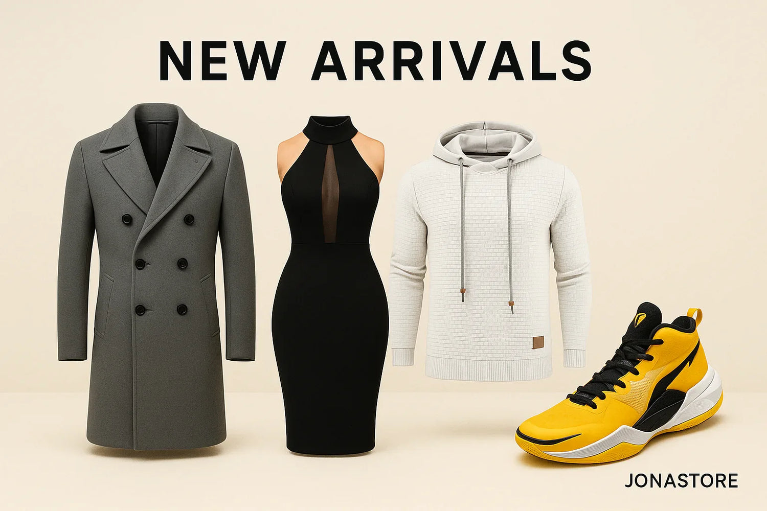 New arrivals fashion collection featuring grey coat, black dress, white hoodie, and yellow black sneaker