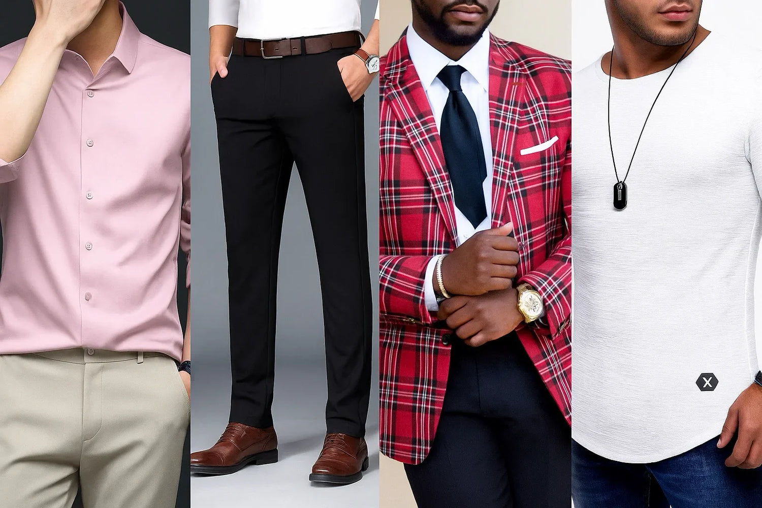 Four men wearing varied stylish clothing including a pink shirt, black dress pants, red plaid blazer, and white long sleeve shirt with necklace