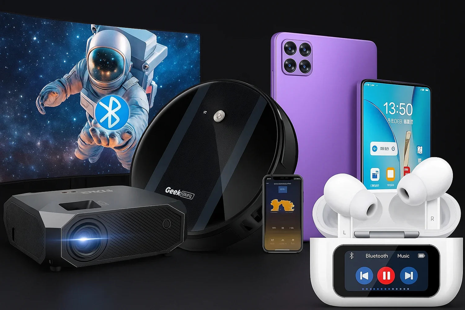 Black projector, circular robotic vacuum, purple smartphone, small smart device, and white wireless earbuds with screen on black background