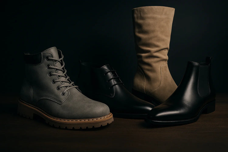 Four stylish boots on dark background including gray combat, black leather, tan suede knee-high, and black Chelsea boots