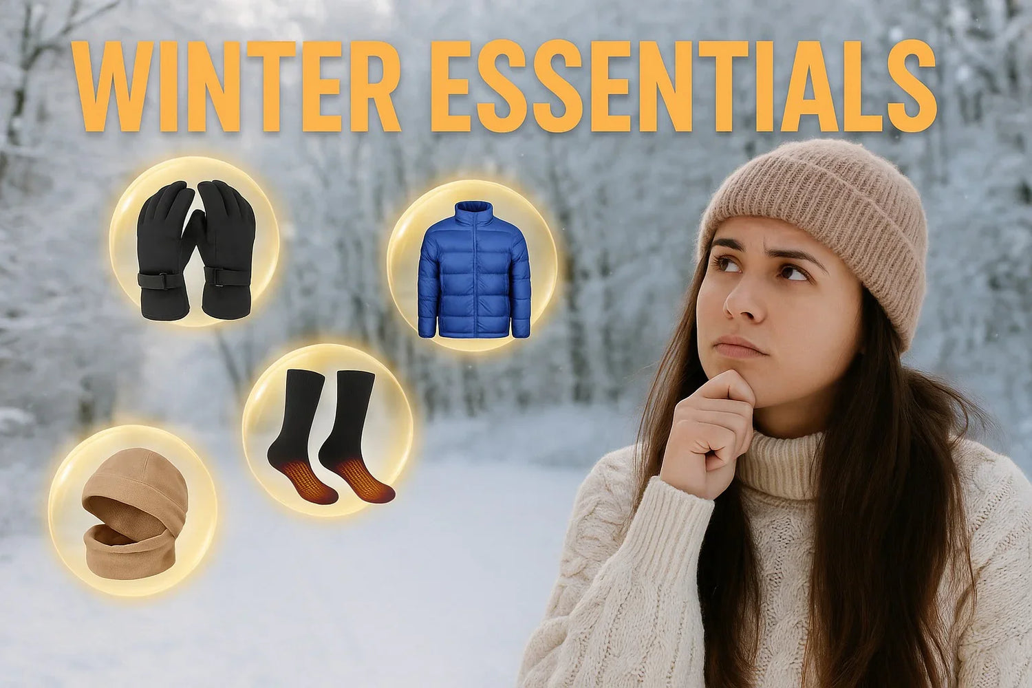 Thoughtful woman in beige beanie and sweater with winter essentials icons: gloves, jacket, socks, and balaclava