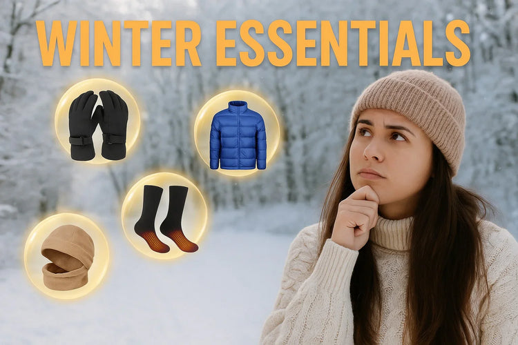 Thoughtful woman in beige beanie and sweater with winter essentials icons: gloves, jacket, socks, and balaclava