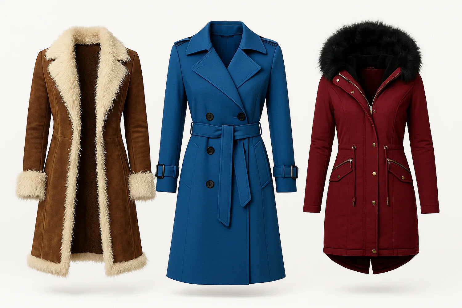 Three stylish women's winter coats: brown shearling, blue belted trench, and red parka with black fur hood