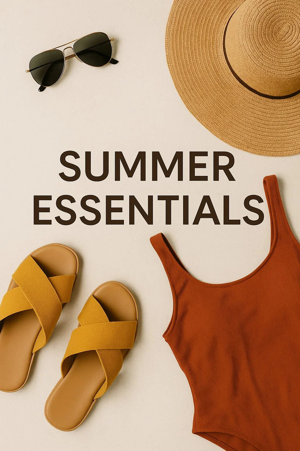Flat lay of summer essentials including straw hat, sunglasses, orange swimsuit, and yellow sandals on beige