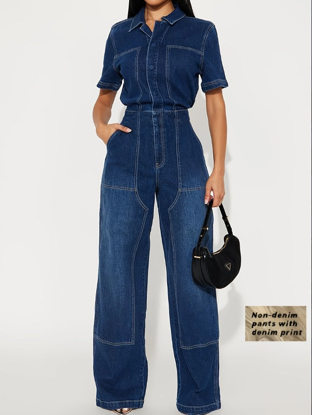 Workwear-style Short-sleeved Lapel Jumpsuit With Wide Legs