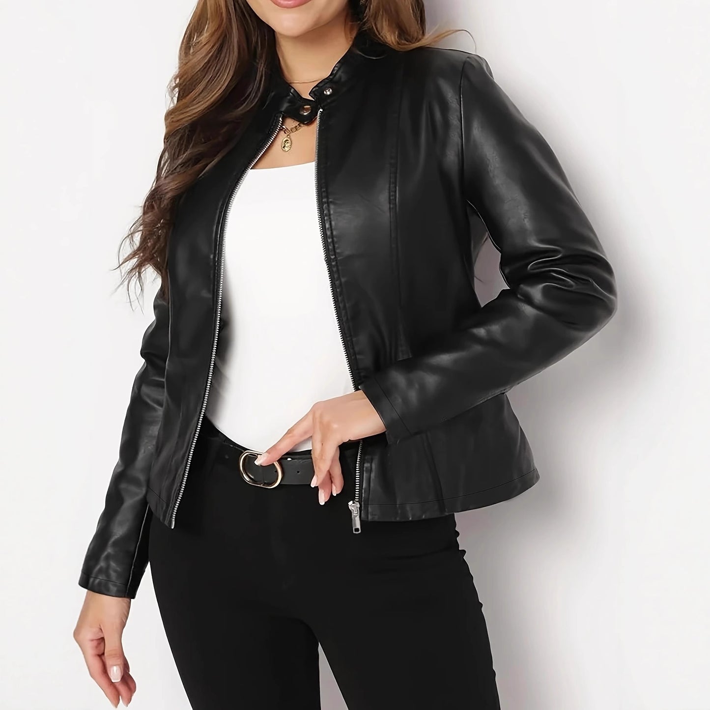 Women’s Elegant Short PU Leather Jacket – Long Sleeve Cropped Commuter Coat (S–XXL)