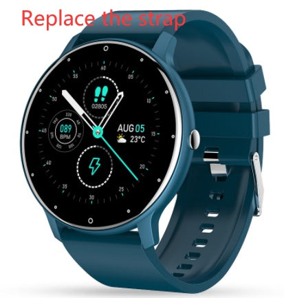 Blue smartwatch with round black display showing time, steps, heart rate, weather, and battery icons