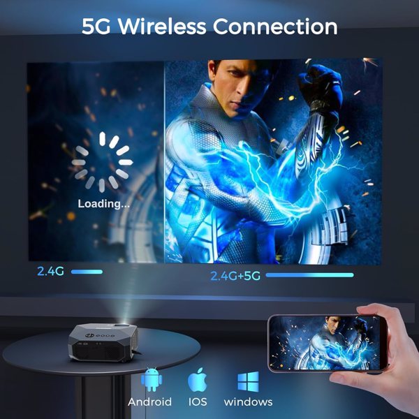 5G wireless connection comparison on projector screen showing faster 2.4G+5G speed with superhero image