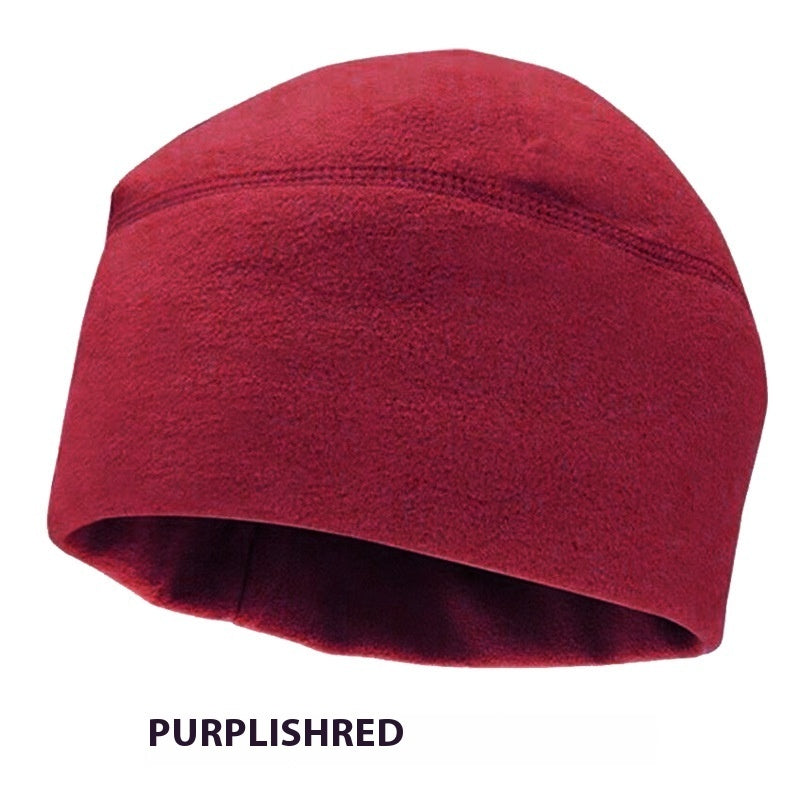 Purplish red fleece beanie hat with seam detail, insulated winter headwear