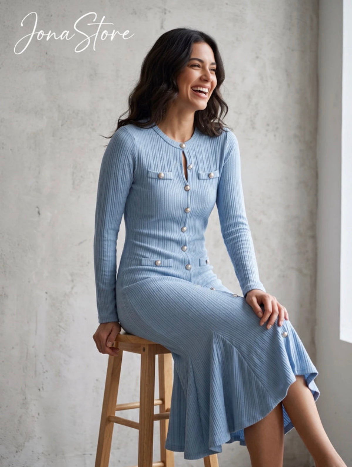 Powder Blue Ribbed Knit Midi Dress with Flare Sleeves & Gold Buttons