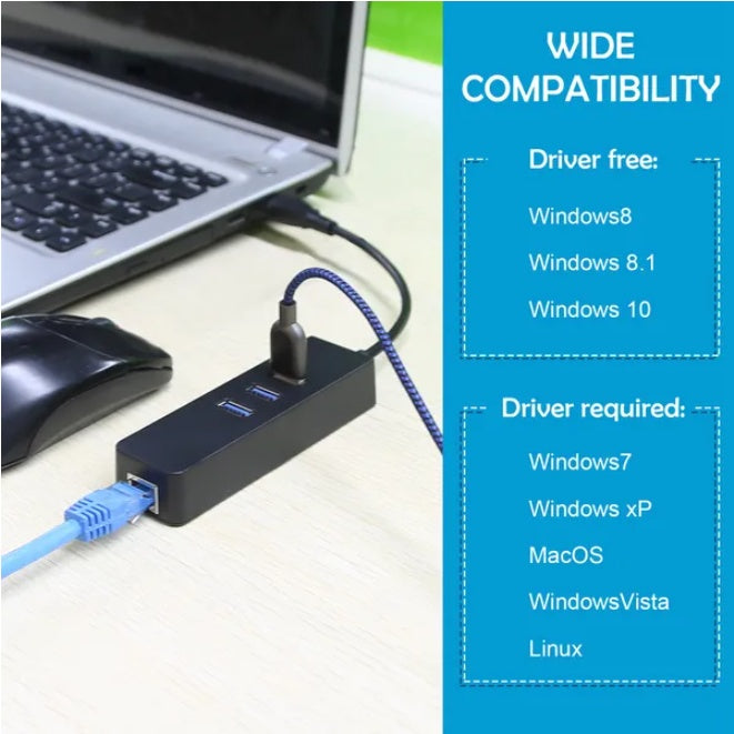 3-Port USB 3.0 Hub Gigabit Ethernet Adapter