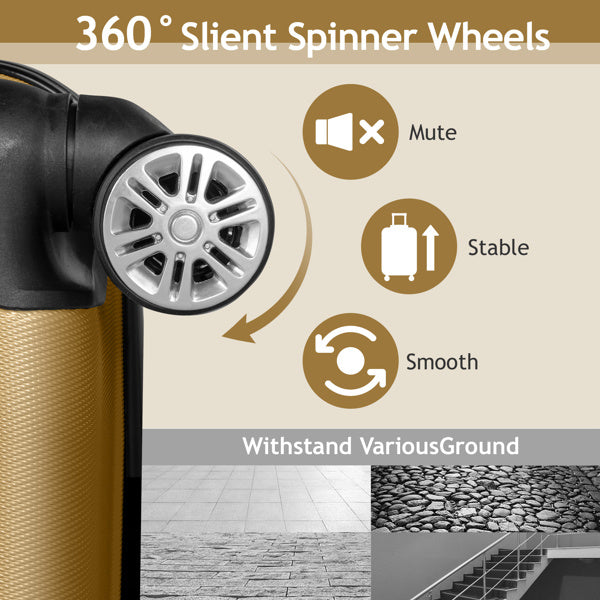 Close-up of 360° silent spinner wheels on golden suitcase with mute, stable, smooth icons and various ground surfaces
