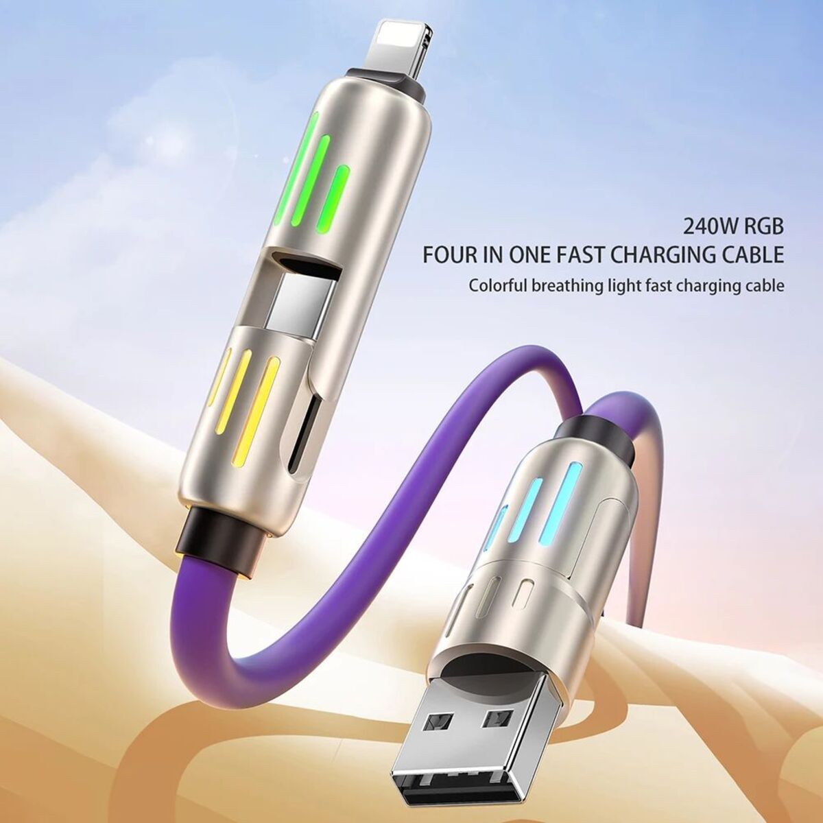 240w 4-in-1 USB C Cable,Multi Charger Cable With Breathing Light, PD 5A Multi Fast Charging Data Sync Silicone Compatible For I Phone S Amsung Laptop Multi Device Charging