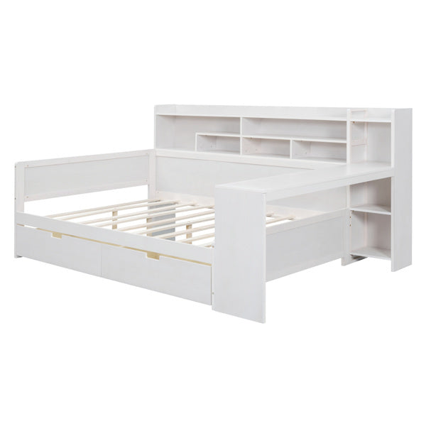 NEW Wooden Full-size Sofa Bed With Storage Rack, Multifunctional Bed With Two Storage Drawers And Desk, Antique White
