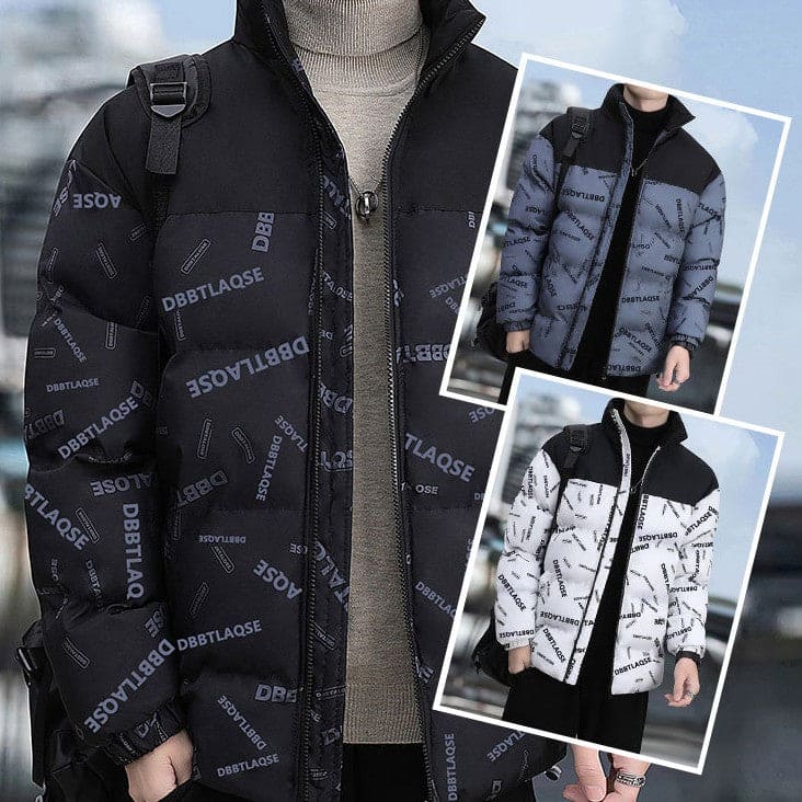 Men's stylish puffer jackets in black, blue, and white with logo prints, worn over casual outfits