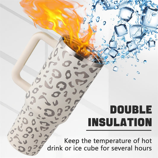 Leopard print insulated travel mug with fire and ice cubes illustrating double insulation for hot and cold drinks