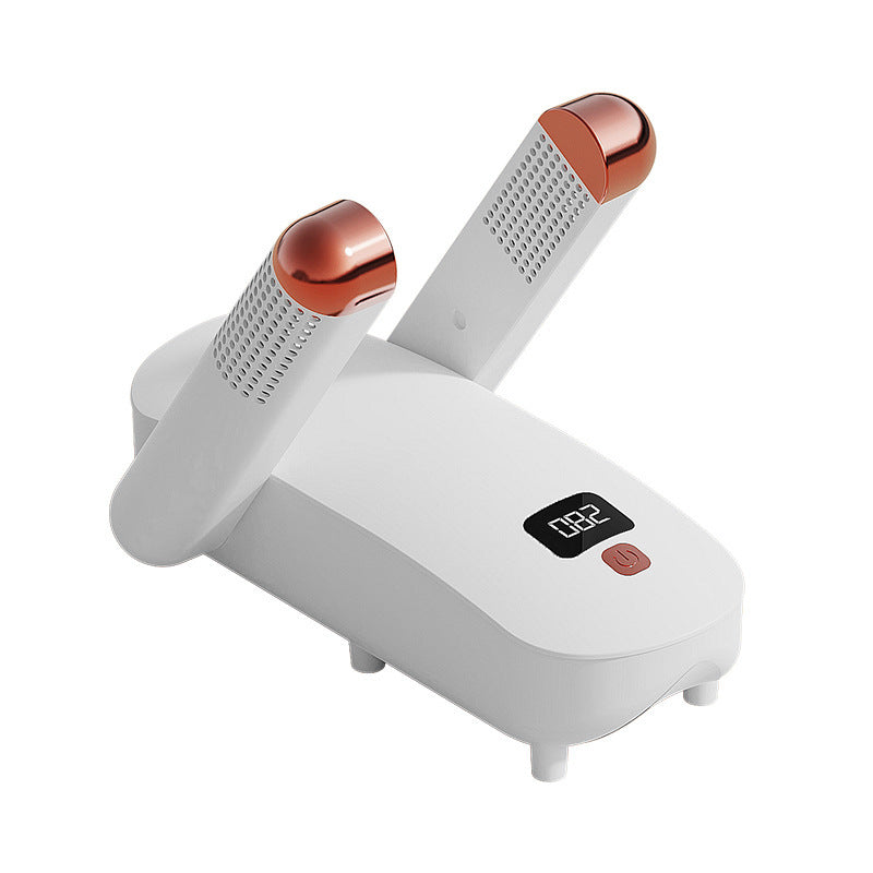 White shoe dryer with digital display and copper-accented drying tubes on white background