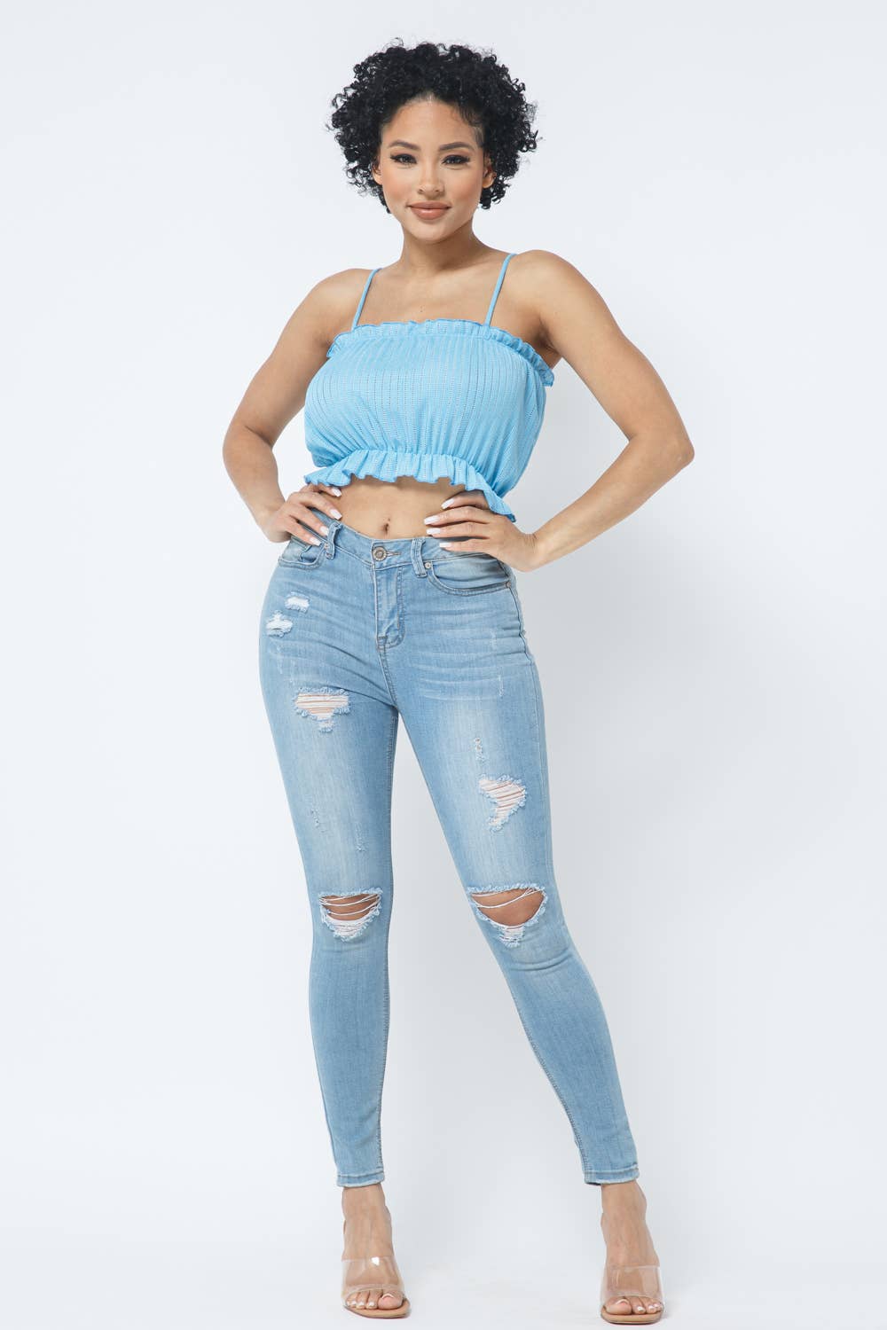 Fancy Knit Sleeveless Shirring Detail Elastic Crop Top