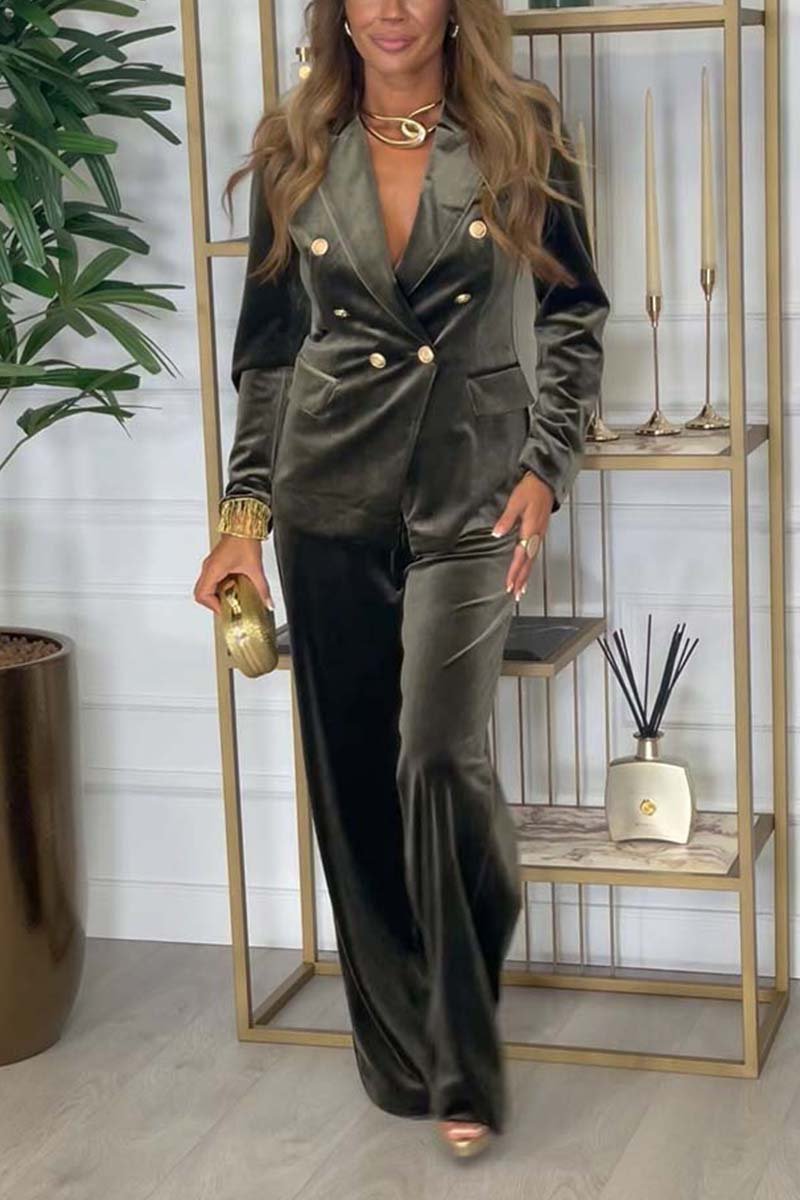 Women’s Elegant Korean Velvet 2-Piece Pantsuit Set – Long Sleeve Button Coat & Trousers (S–3XL)
