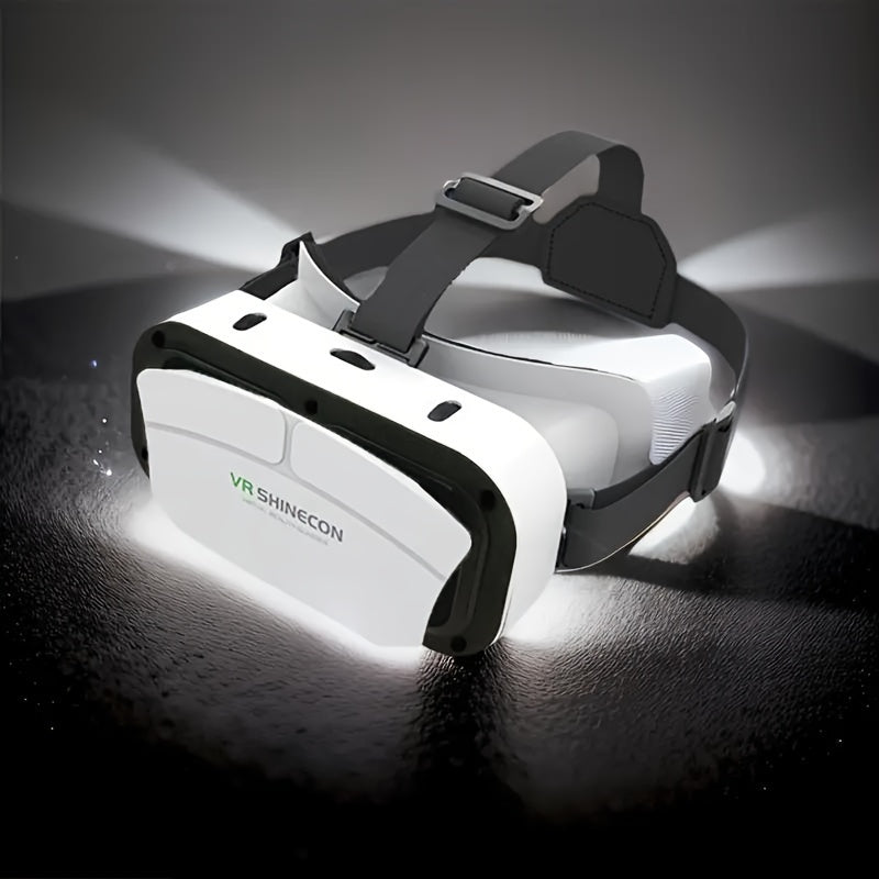 White VR Shinecon virtual reality headset with adjustable black straps on dark surface