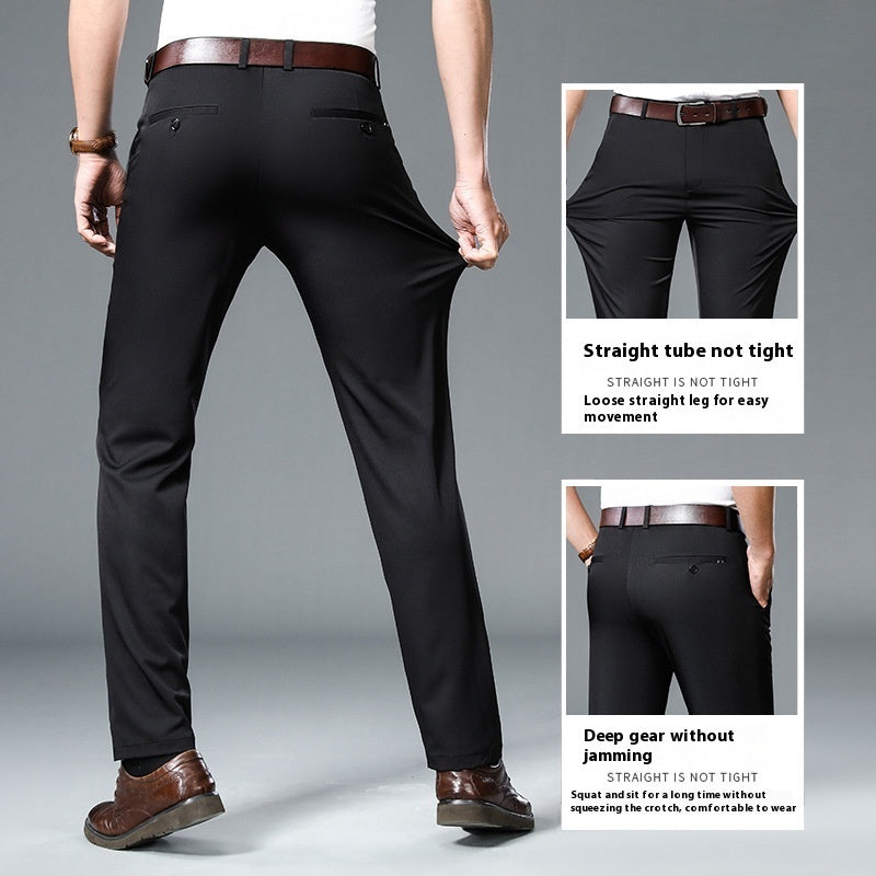 Man wearing black straight-leg pants with brown belt and shoes, elastic stretch for comfort and movement