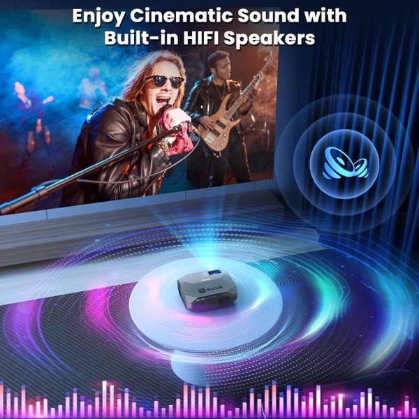Compact projector emitting colorful sound waves with built-in HiFi speakers and live concert scene