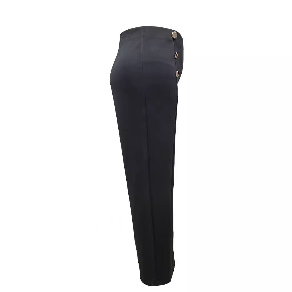 Black high-waisted slim fit pants with three silver buttons on side detail