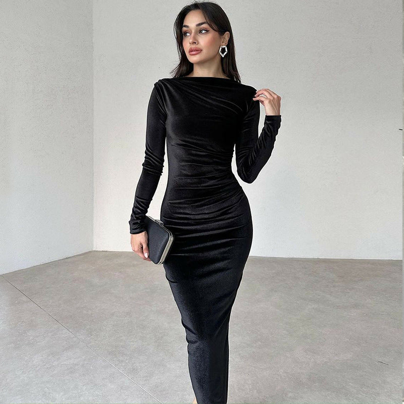 Women’s Elegant Korean Velvet Midi Dress – Long Sleeve Pullover Fall/Winter Party Outfit (S–L)