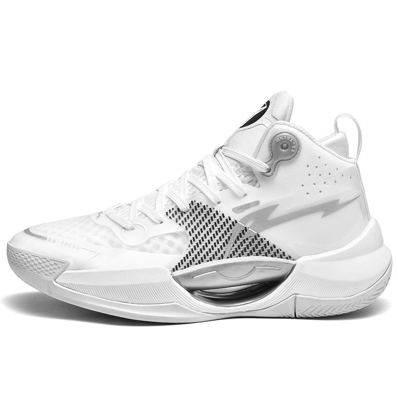 White high-top basketball shoe with black patterned midfoot and silver lightning graphic on side