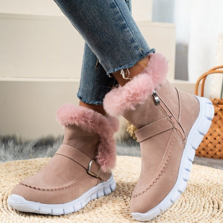 Snow Boots Winter Warm Thickened Solid Color Plush Ankle Boots With Buckle Design Plus Velvet Flat Shoes For Women